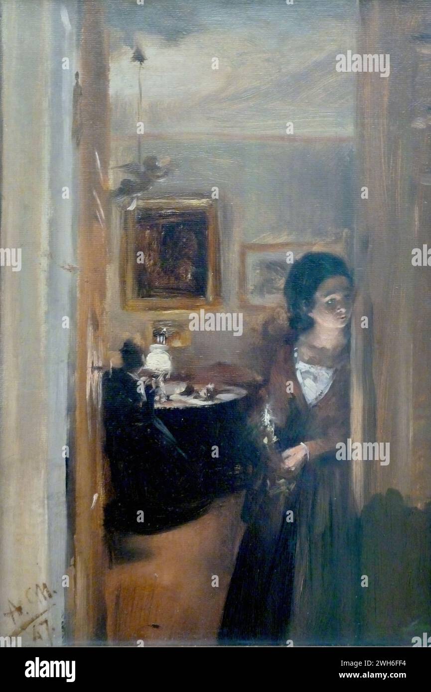 TEST Adolph Menzel (1815–1905), deutscher [Realismus] „Wohnzimmer mit der Schwester des Künstlers“ (1847) Stockfoto