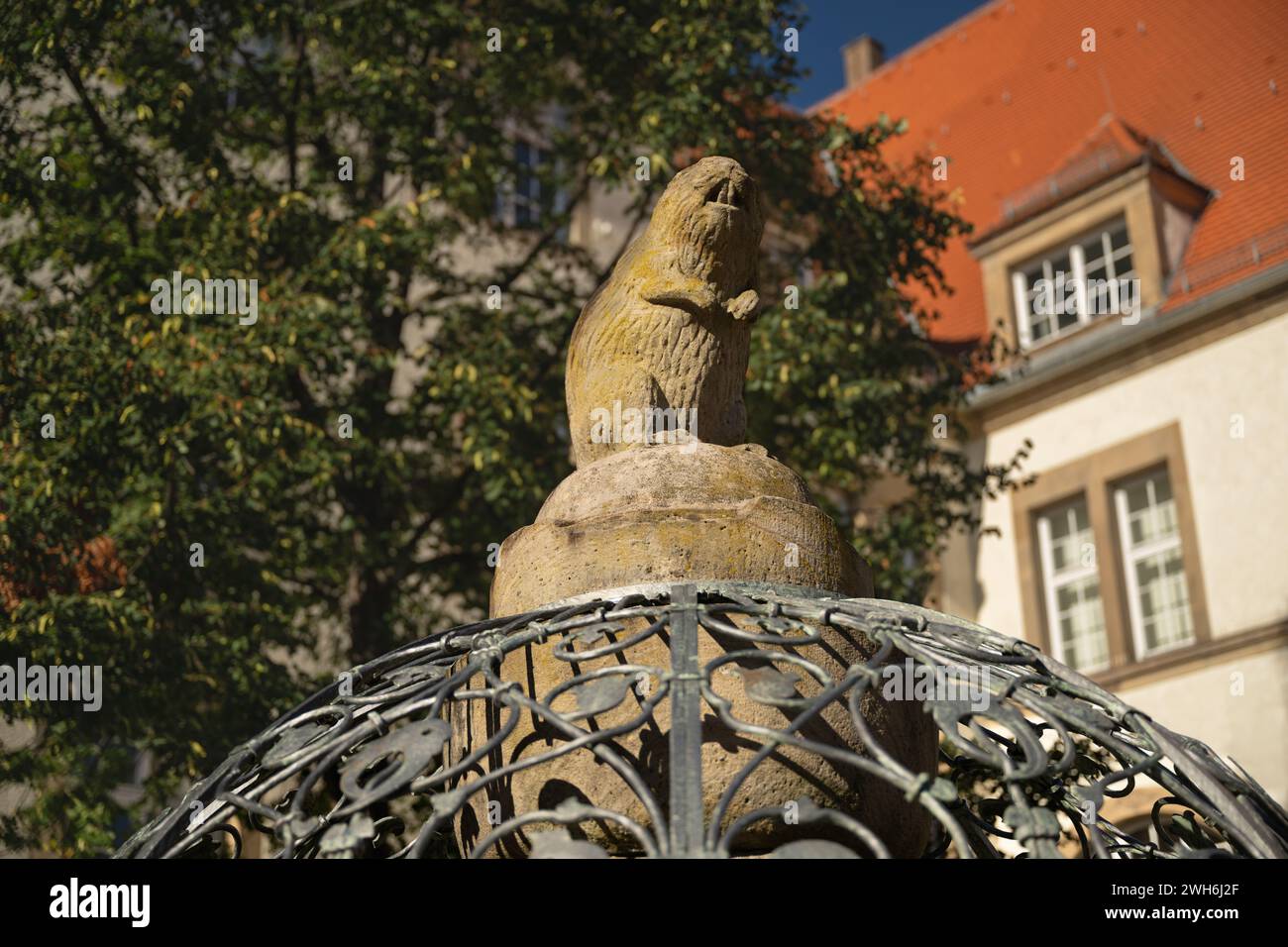 Historische Springbrunnen in Stuttgart - schönes Detail: Auf der Säule des Biberbrunnens sitzt ein Sandsteinbiber. Im Hintergrund: Stuttgart Feuerba Stockfoto