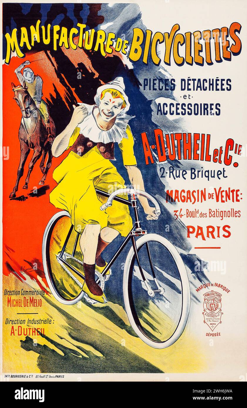 Manufacture de Bicyclettes (A. Dutheil, 1894) Vintage French Advertising Poster feat a Clown – L. Corrois Artwork Stockfoto
