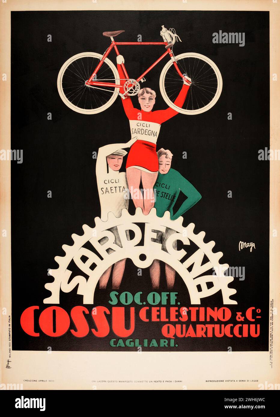italienisches Vintage-Poster - Giuseppe Magagnoli - Vintage-Poster Sardegna Quartucciu Cagliari Sardinien Racing Bicycles Ad 1930 Stockfoto