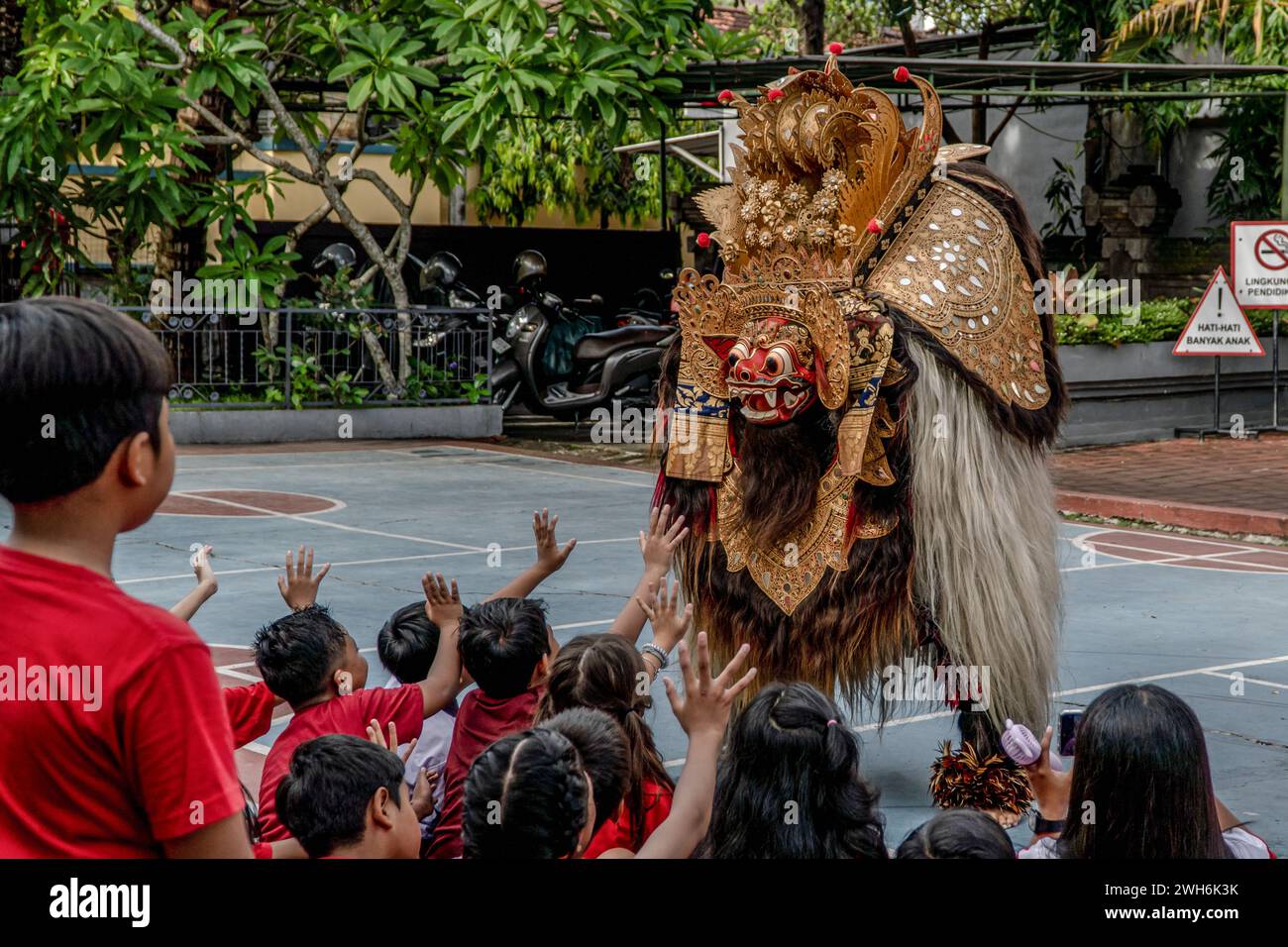 Badung, Indonesien. Februar 2024. Ein balinesischer Single Barong unterhält Schüler an der Widiatmika School in Jimbaran, Badung, Bali, Indonesien, anlässlich der Feier des bevorstehenden chinesischen Neujahrs am 10. Februar 2024. Das chinesische Mondneujahr 2024 ist das Jahr des Drachen. (Foto: Dicky Bisinglasi/SOPA Images/SIPA USA) Credit: SIPA USA/Alamy Live News Stockfoto