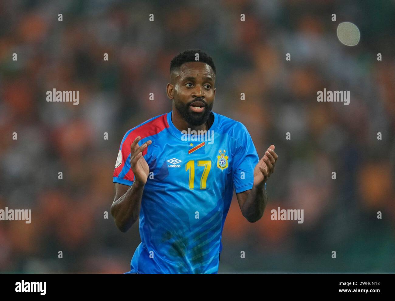 7. Februar 2024: Cedric Bakambu (DR Kongo) gibt Gesten während eines Halbfinalspiels des African Cup of Nations, Elfenbeinküste gegen DR Kongo, im Alassane Ouattara Stadium, Abidjan, Elfenbeinküste. Kim Preis/CSM Stockfoto