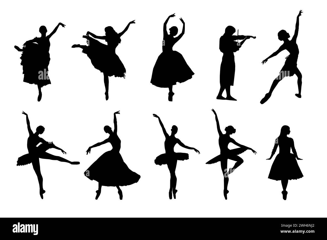 Silhouetten von jungen tanzenden Frauen, Gruppe von Menschen isoliert auf weißem Hintergrund Stockfoto