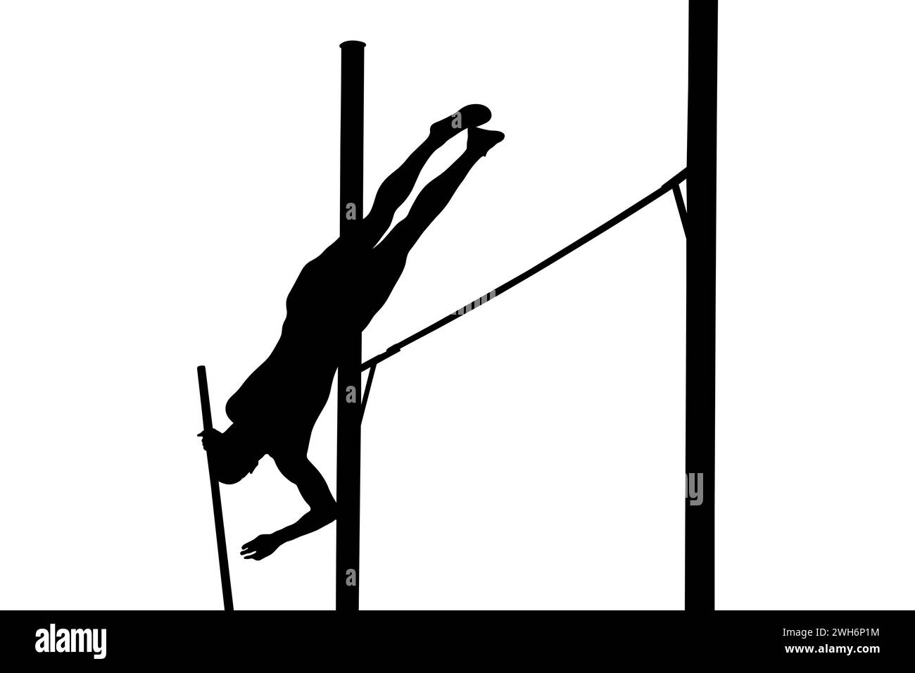 Männlicher Athlet mitten in der Luft bei einem Stabhochsprung-Event, zeigt Stärke und Agilität, schwarze Silhouette auf weißem Hintergrund Stockfoto