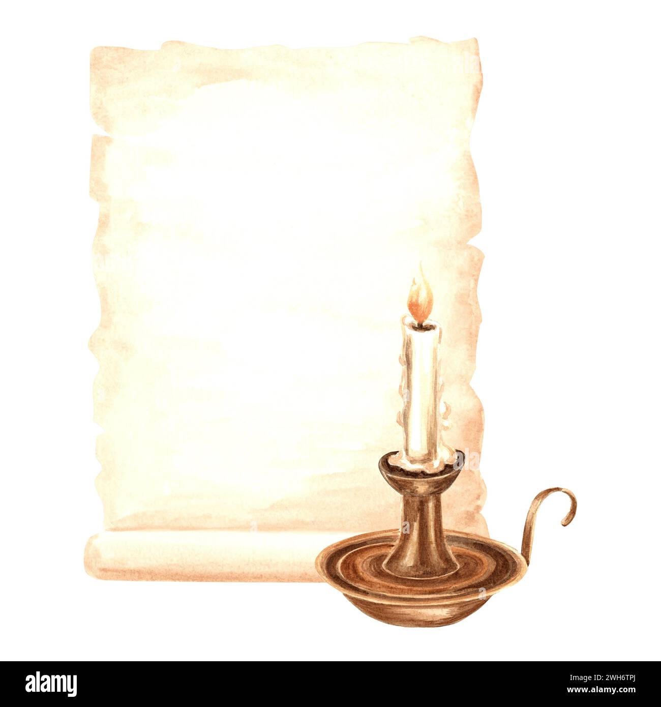 Blatt Pergamentpapier, brennende Kerze im Kerzenhalter. Vorlage für altes Schreibmaterial. Handgezeichnete Aquarellillustration. Isoliertes Retro Stockfoto