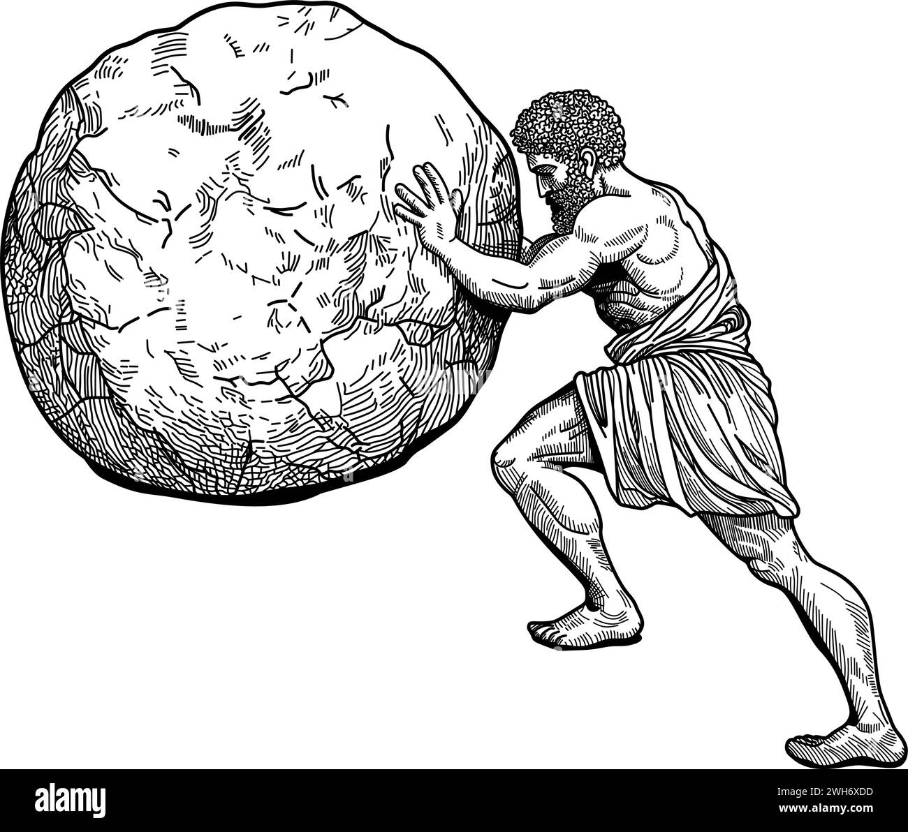 Ein Mann in altgriechischer Kleidung rollt einen großen runden Stein nach oben Stock Vektor