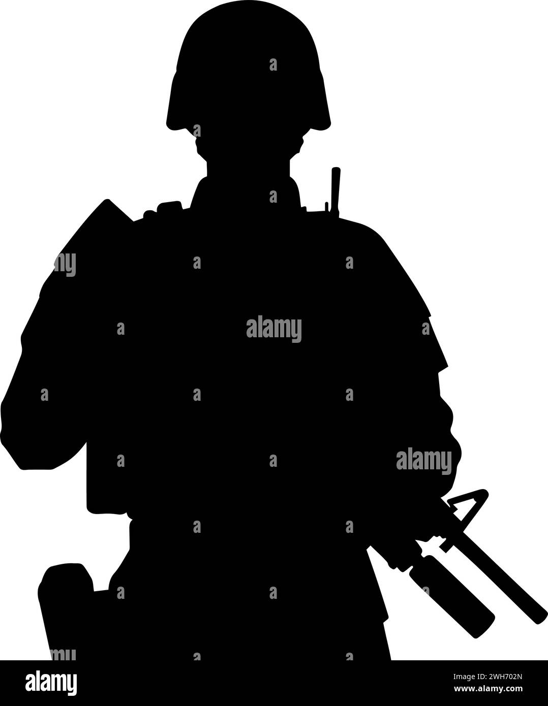 Silhouette eines modernen bewaffneten Militärsoldaten in Kampfausrüstung. Vektorabbildung Stock Vektor