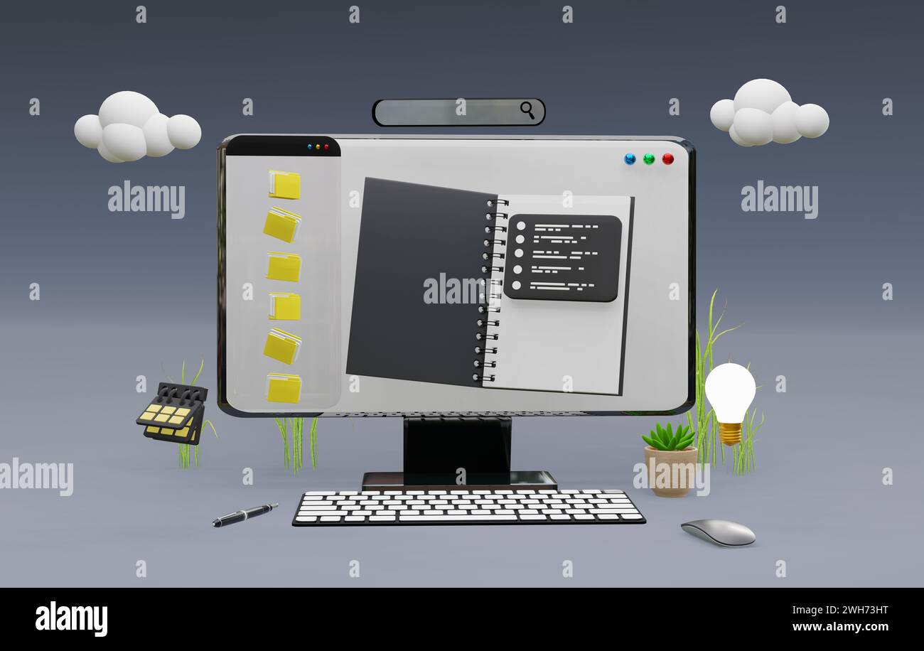 3D-Computer, Datenanalyse, Dashboard und Ai Investment World Map oder White PC Screen SEO Website. Abbildung Stockfoto