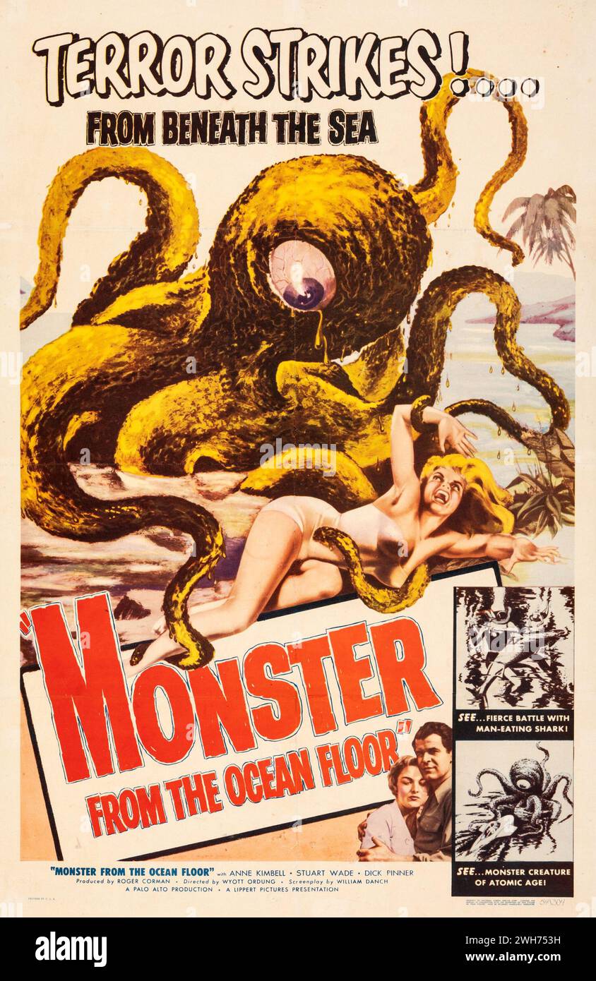 Monsterfilm aus den 1950er Jahren – Monster vom Meeresboden (Lippert, 1954) Terror Strikes! Oldtimer-Filmposter. SCI-Fi-Film Stockfoto