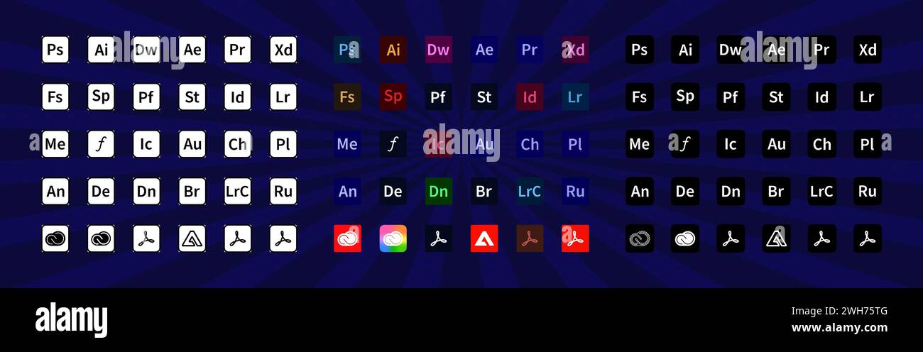 Adobe-Produkte. Logo-Satz von adobe-Apps: illustrator, photoshop, Creative Cloud, After Effects, lightroom, Premiere Pro. Programmlogos. Stock Vektor