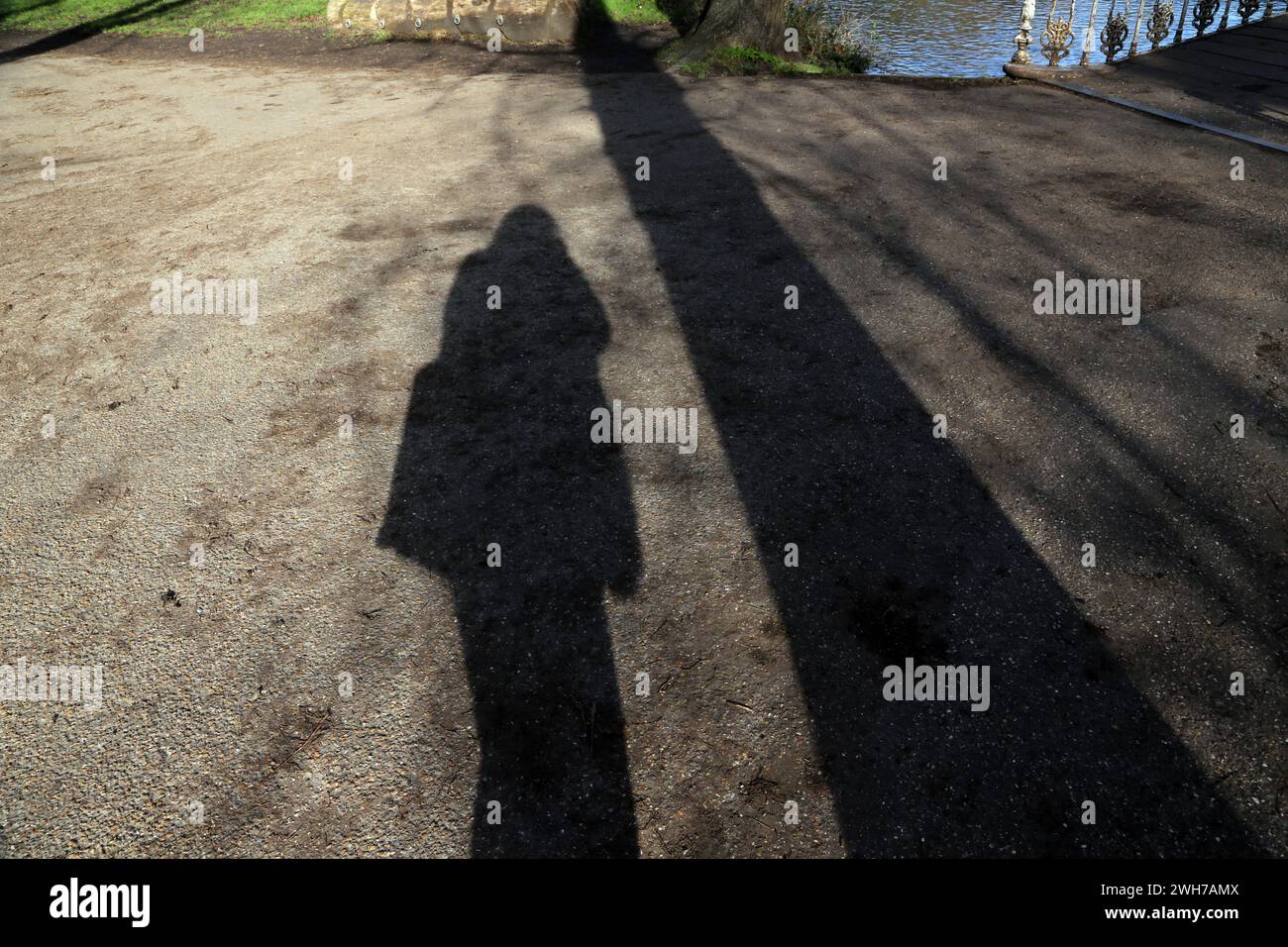 Morden Hall Park Schatten einer Frau auf dem Bürgersteig in der Tiefwintersonne London England Stockfoto