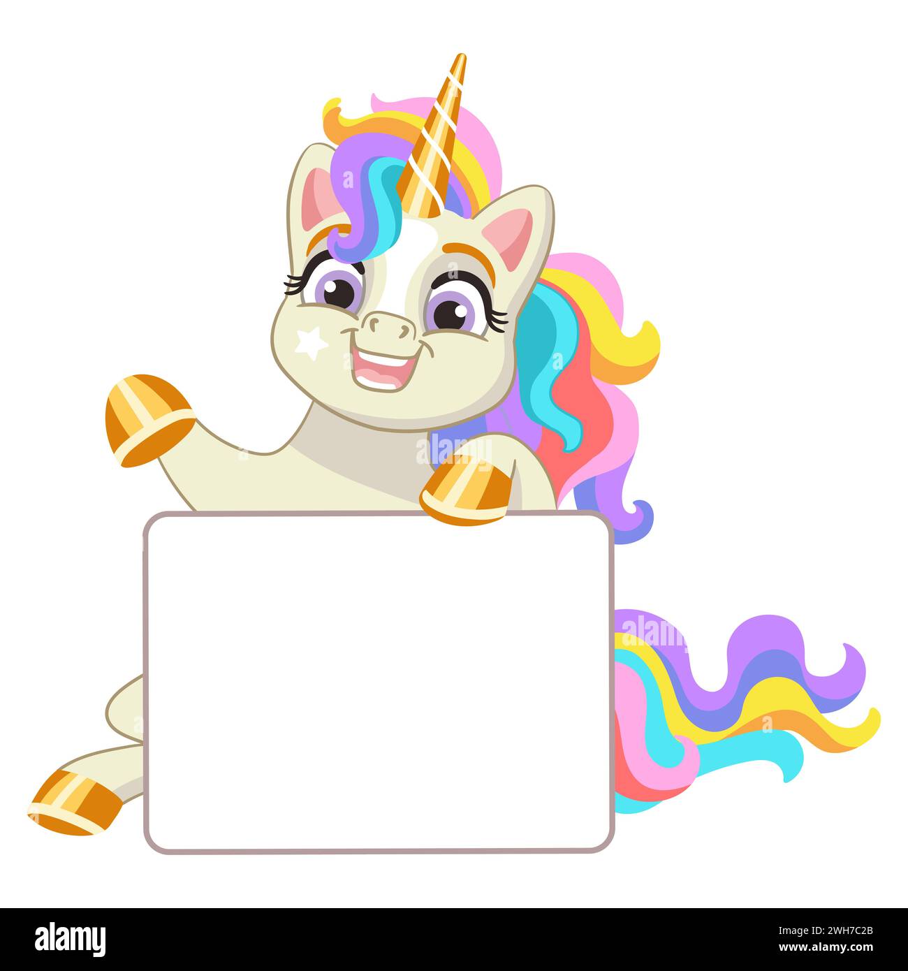 Leeres Banner mit süßer glücklicher Einhorn-Vektordarstellung. Zauberpferd mit Papierbogen isoliert auf weißem Hintergrund. Für Druck, Design, T-Shi Stock Vektor