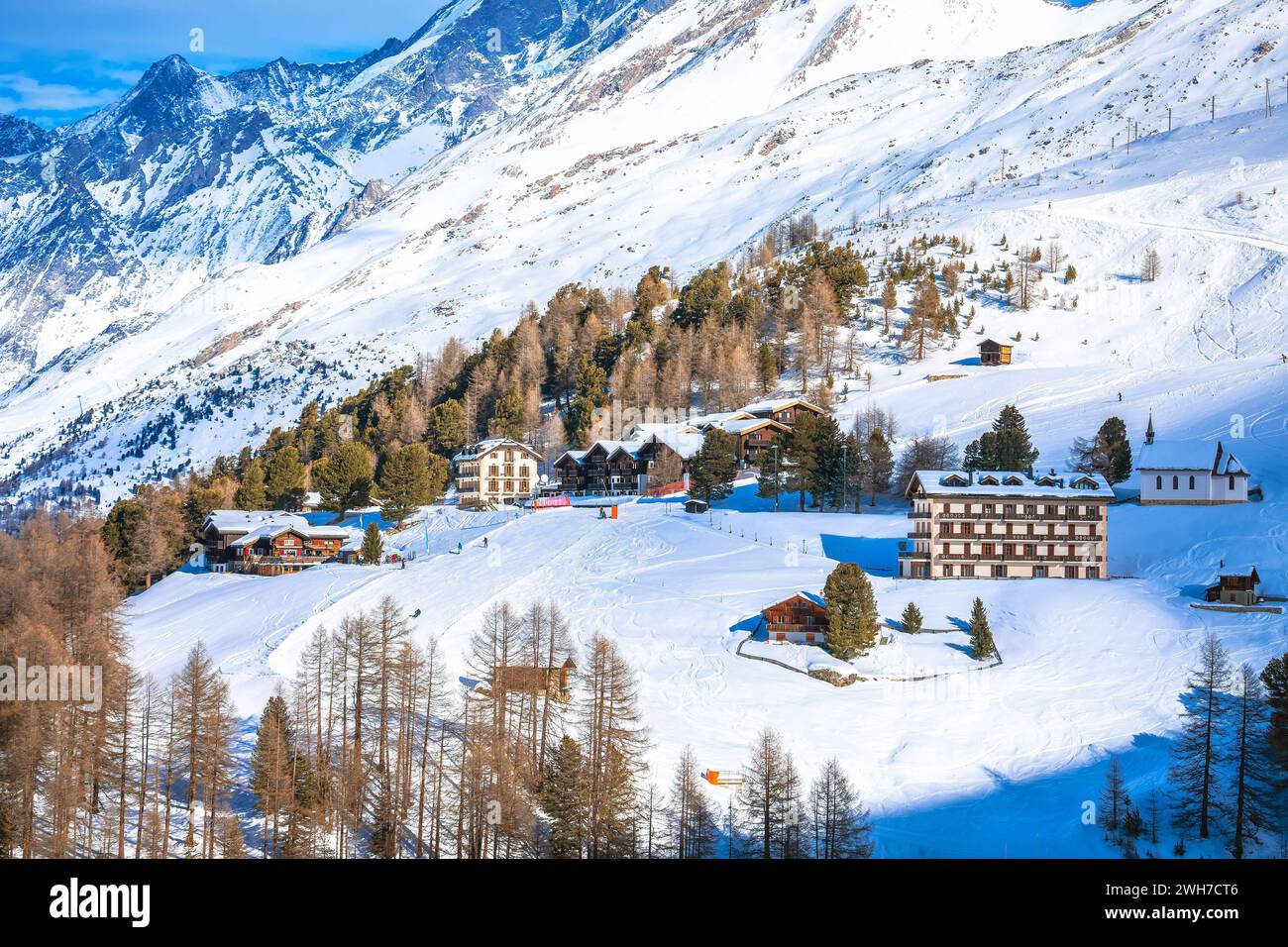 Skigebiet Riffelalp in Zermatter Bergblick, Walliser Region in der Schweiz Alpen Stockfoto