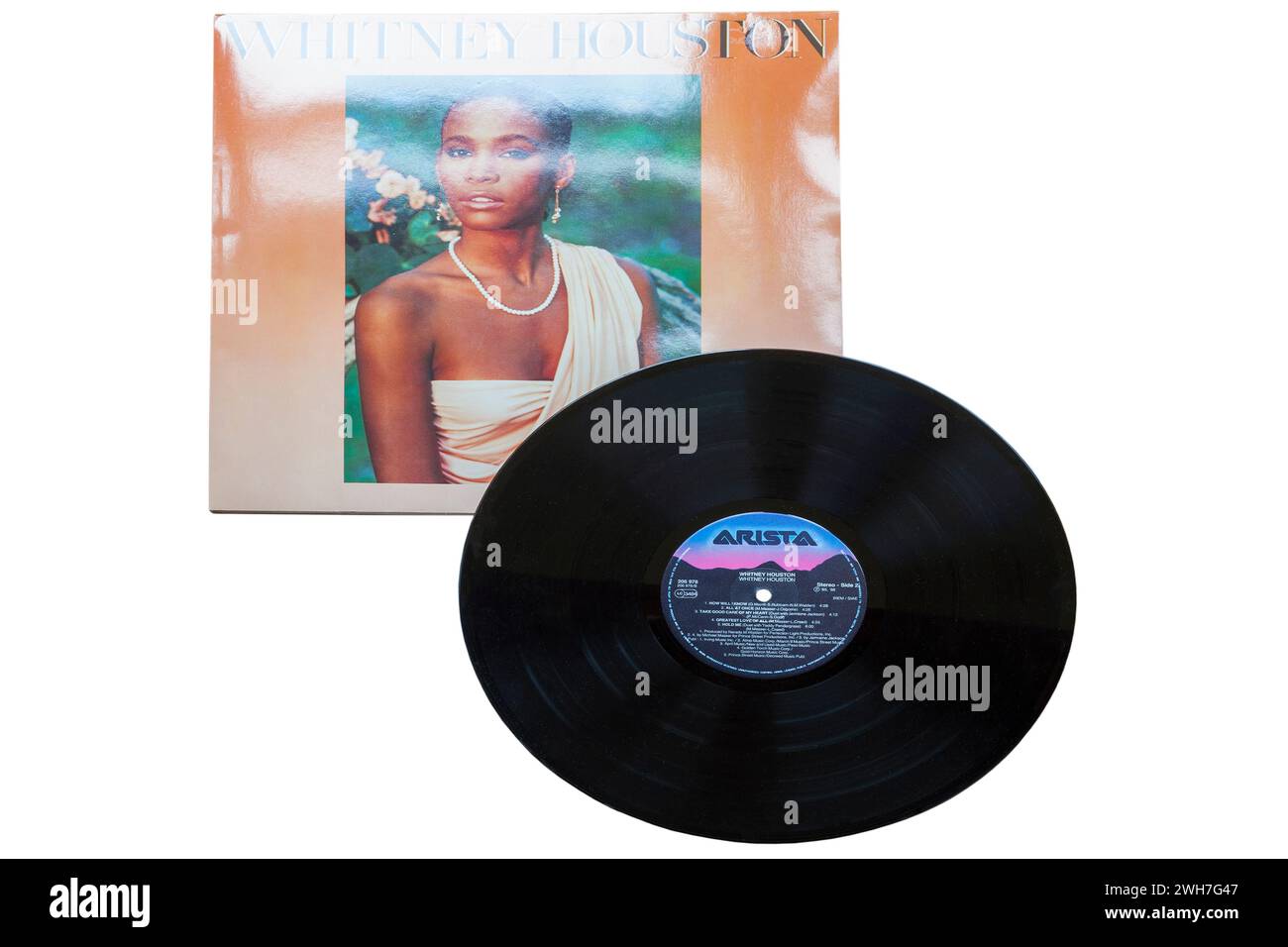 Whitney Houston Vinyl-Album-Cover isoliert auf weißem Hintergrund - 1985 Stockfoto