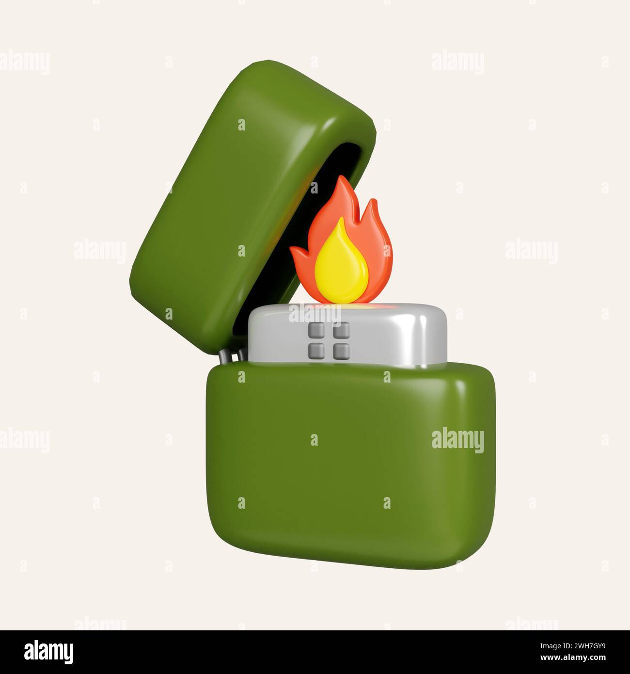 3D-Zippo-Feuerzeug. Elemente für Camping, Wandern, Sommercamp, Reisen, Reise. Symbol isoliert auf weißem Hintergrund. 3D-Darstellung. Beschneiden Stockfoto