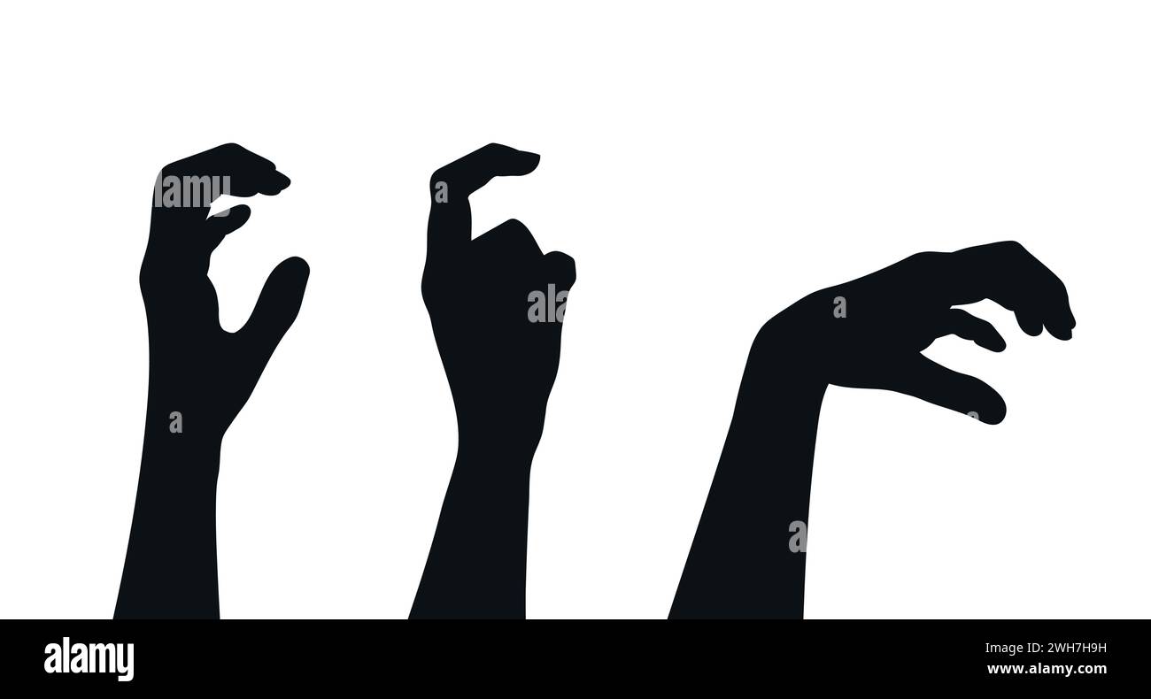 Eine Reihe menschlicher Handsilhouetten, die gruselige Gesten zeigen. Monsterklaue Hand. Kreatur kratzt Hand. Vektorabbildung Stock Vektor