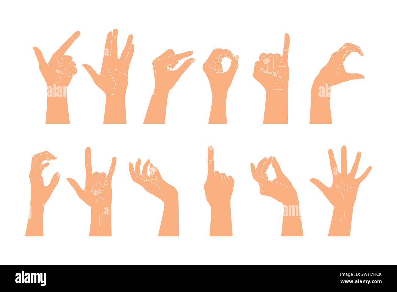 Ein Satz erhobener menschlicher Hände, die verschiedene Gesten zeigen. Vektorillustration menschlicher Hände Stock Vektor