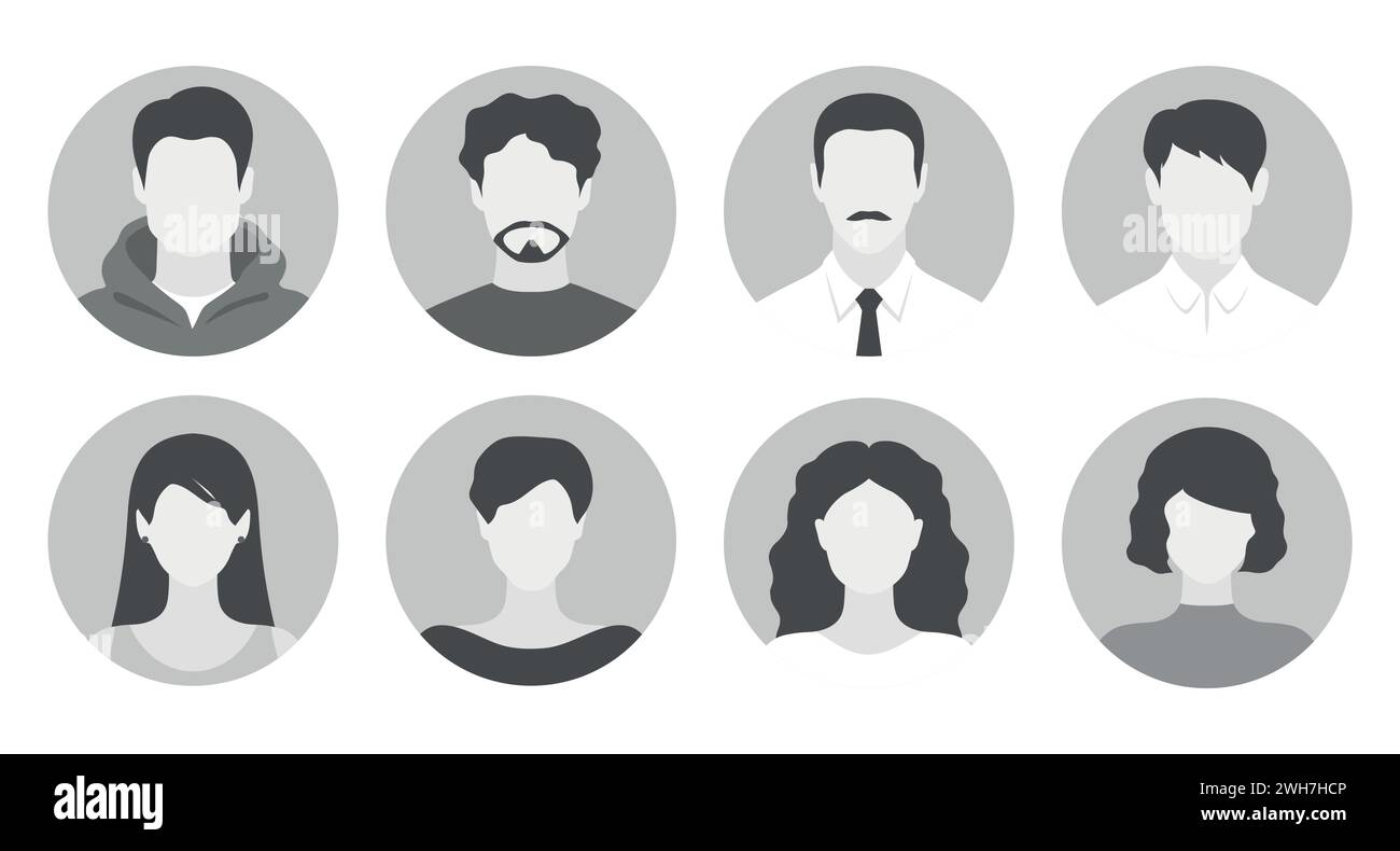 Abstrakte Frauen- und Männerporträts ohne Gesicht. Set aus Silhouetten für Frauen und Männer, geeignet für anonyme Profile, Avatare oder abstrakte Geschlechtskennzeichen. Stock Vektor