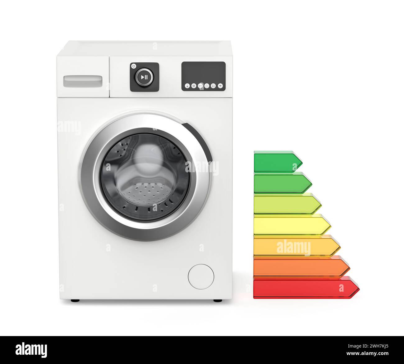 Frontlader-Waschmaschine und Energieeffizienzbalken, Vorderansicht Stockfoto