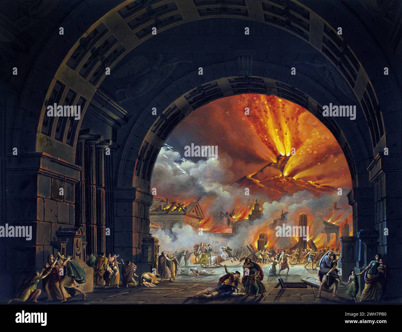 Eruption des vesuvs und Zerstörung Pompeji - Stich nach dem Gemälde für die Oper von Giovanni Pacini. Der letzte Tag von Pompeji. 1817. Privatsammlung Stockfoto