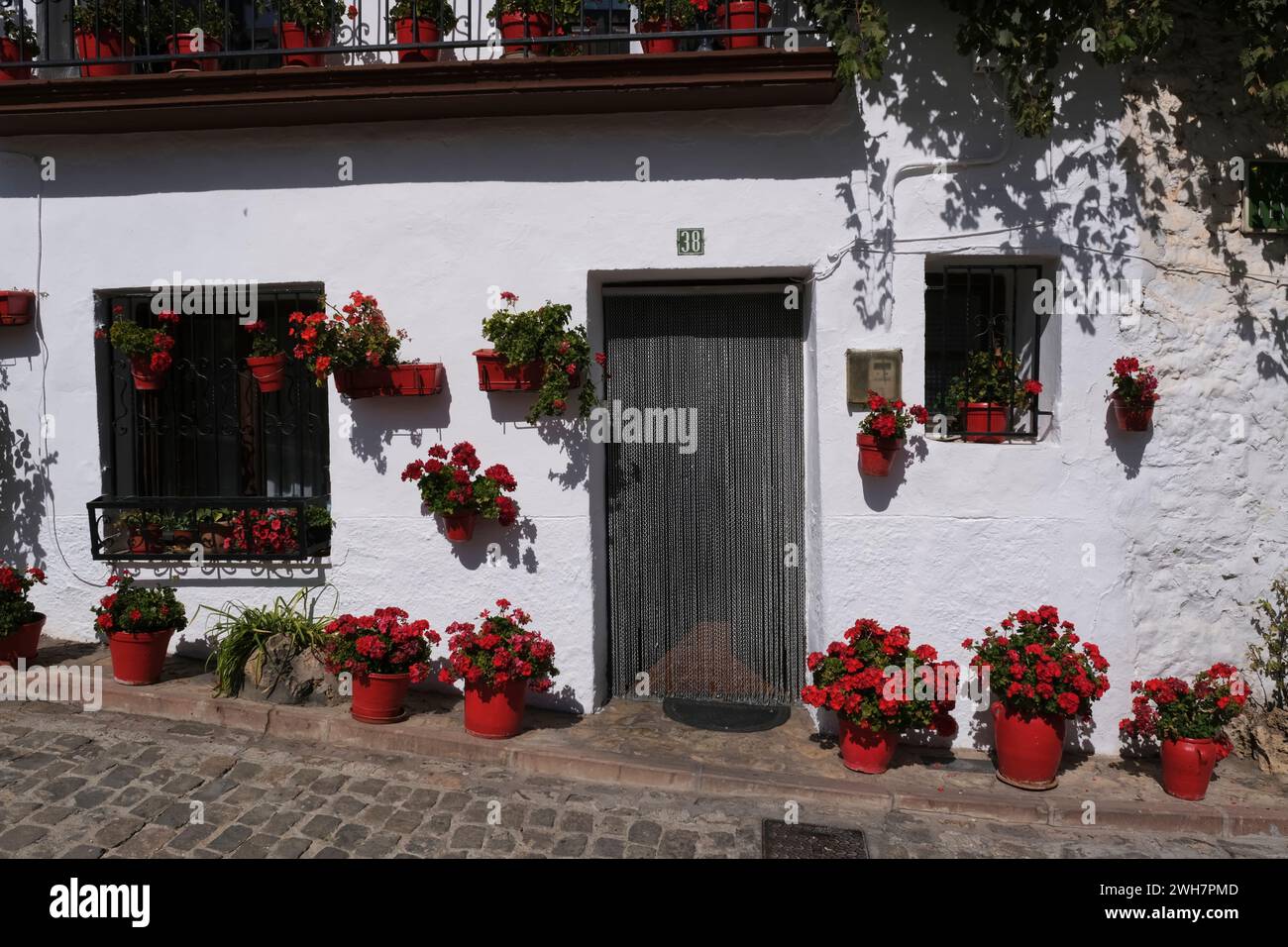 Hübsches weißes Haus mit Geranien in Töpfen, Orihuela del Tremedal, Teruel, Aragon, Spanien, Europa Stockfoto