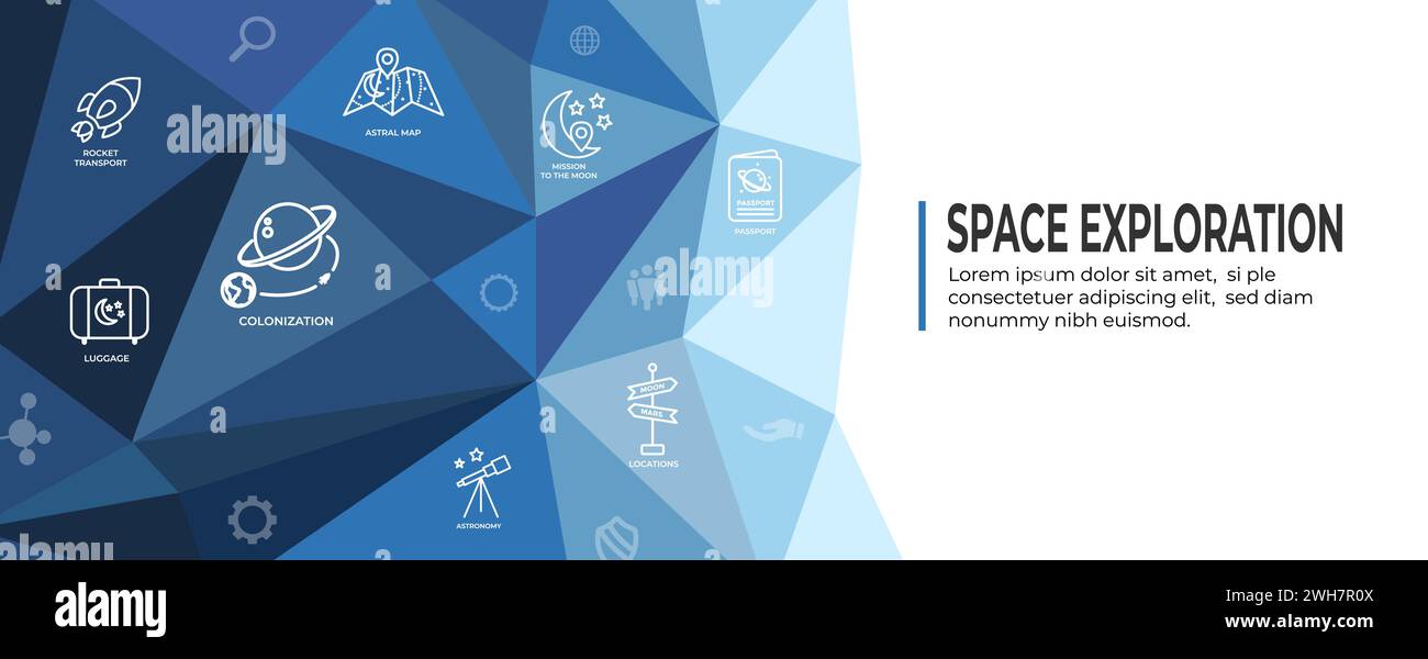 Space Exploration Travel oder Tourism Web Header Banner mit Raumschiff, Teleskop und Planeten Stock Vektor