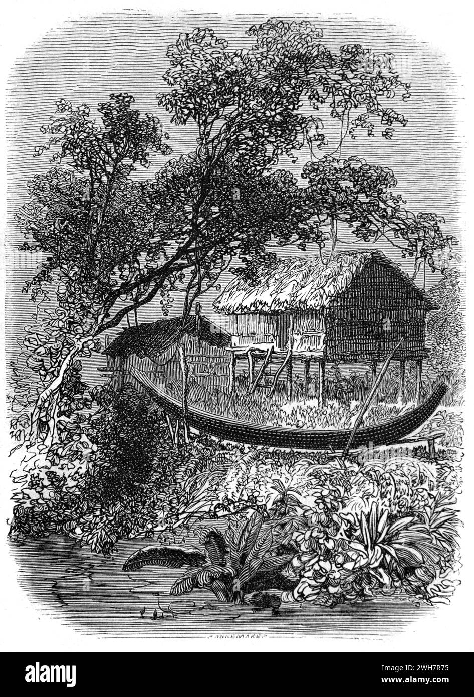 Traditionelle Kambodschanische Stelzhütte oder Grass Hut und Dugout Kanu am Riverbank Kambodscha. Vintage oder historische Gravur oder Illustration 1863 Stockfoto