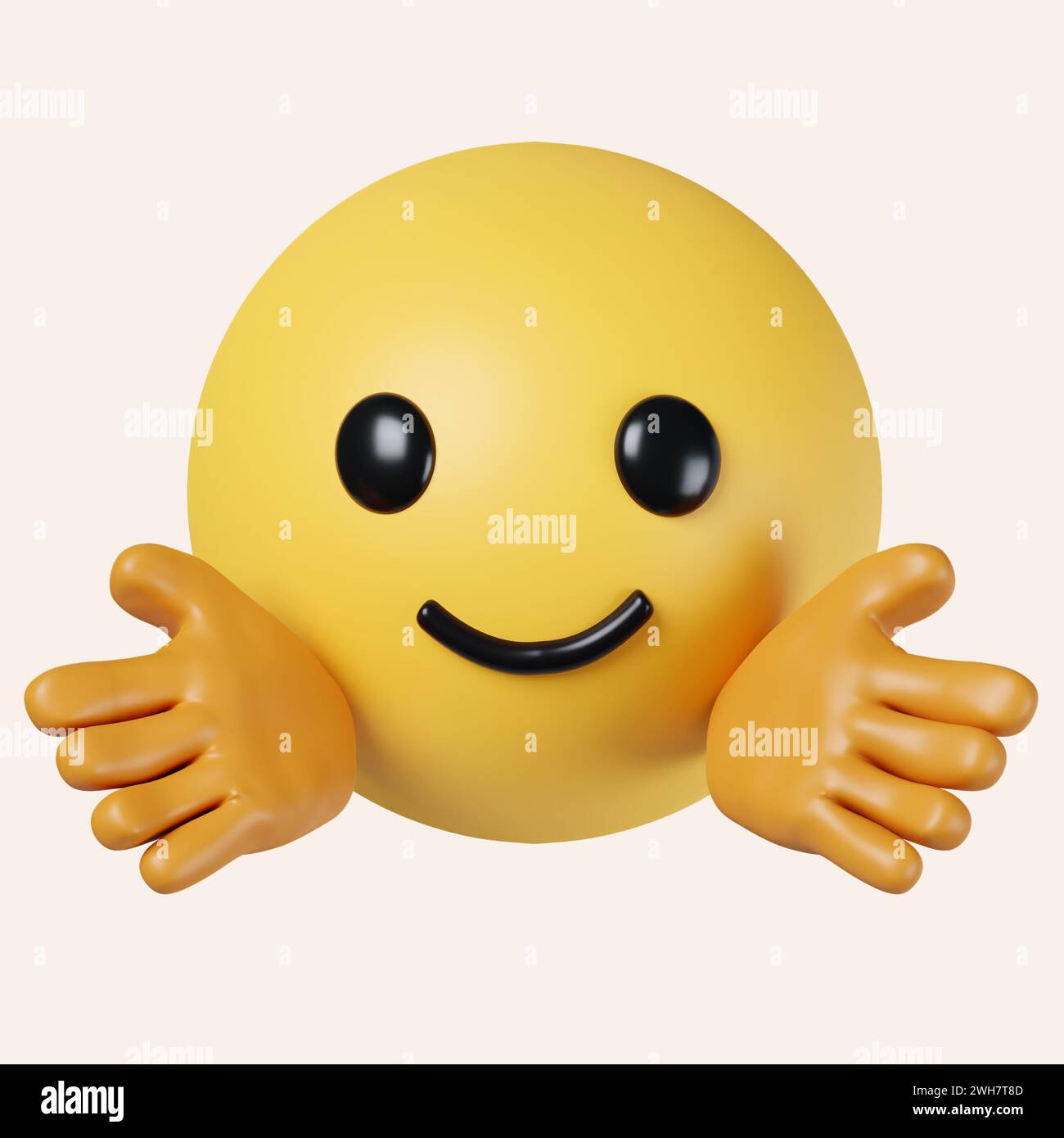 3D-Emoji umarmen. Emoticon umarmt. Glückliches gelbes Gesicht mit offenen Händen und lächelnden Augen. Symbol isoliert auf grauem Hintergrund. 3D-Rendering Stockfoto