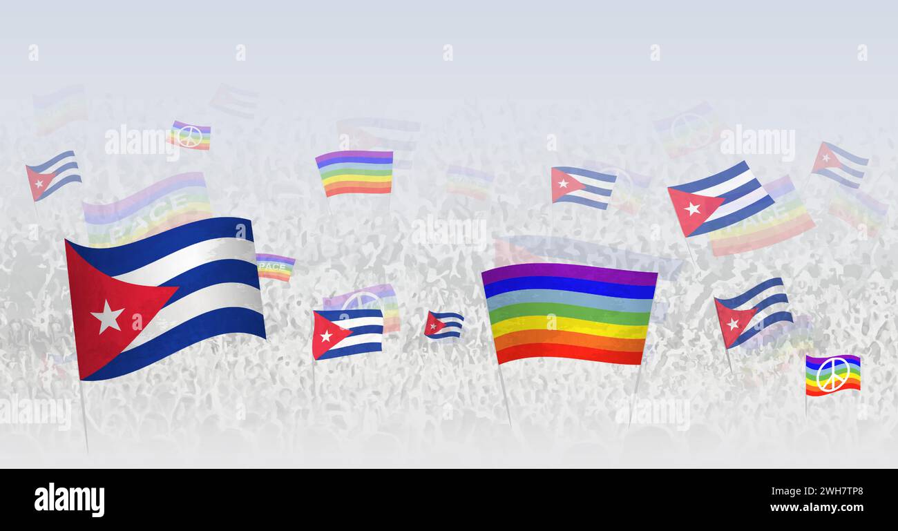 Menschen schwenken Friedensflaggen und -Flaggen von Kuba. Illustration eines Thronfestes oder Protests mit der Flagge Kubas und der Friedensflagge. Vektorillustratio Stock Vektor