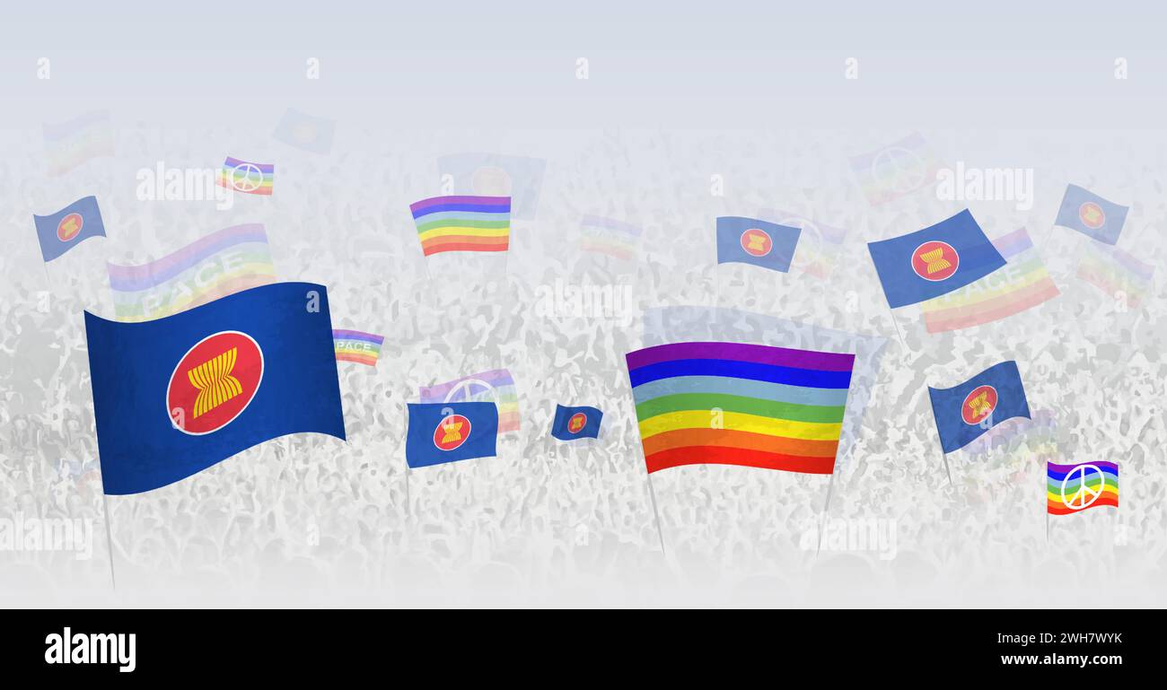 Menschen schwenken Friedensflaggen und Flaggen der ASEAN. Illustration eines Thronfestes oder Protests mit der Flagge der ASEAN und der Friedensflagge. Vektorillustrat Stock Vektor