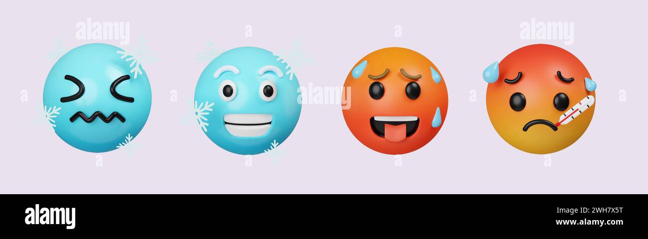 3D-Emoji-Set kalt, wischt das Schweißemoticon ab. 3D Emotionen Gesicht. Symbol isoliert auf grauem Hintergrund. 3D-Darstellung. Beschneidungspfad. Stockfoto