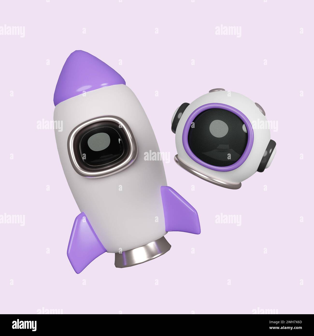 3D-Flugraumrakete. Raumschiff Rakete Mittagessen. Symbol isoliert auf violettem Hintergrund. 3D-Darstellung. Beschneidungspfad. Stockfoto