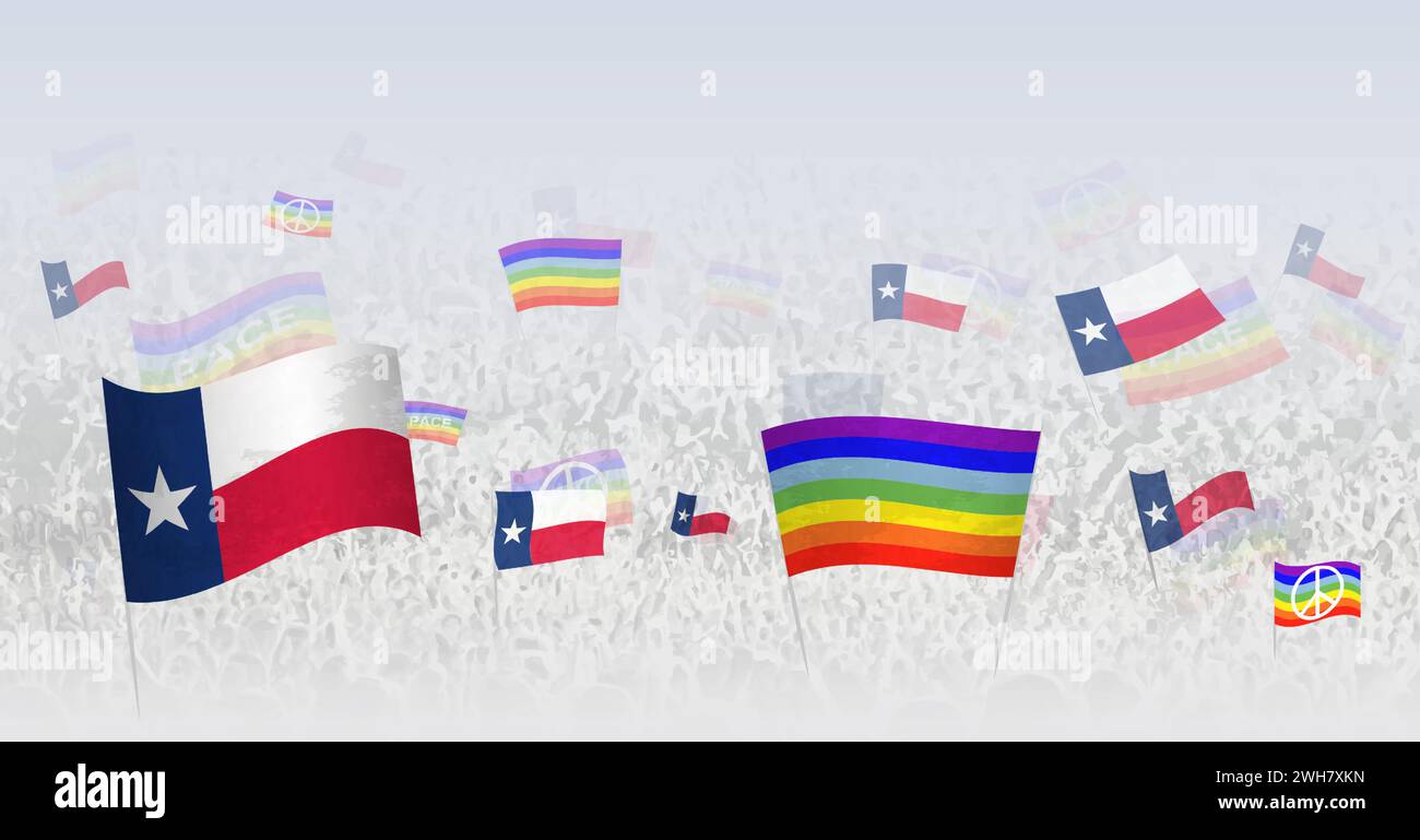 Menschen, die Friedensflaggen und Flaggen von Texas schwenken. Illustration eines Thronfestes oder Protests mit der Flagge von Texas und der Friedensflagge. Vektorillustrat Stock Vektor