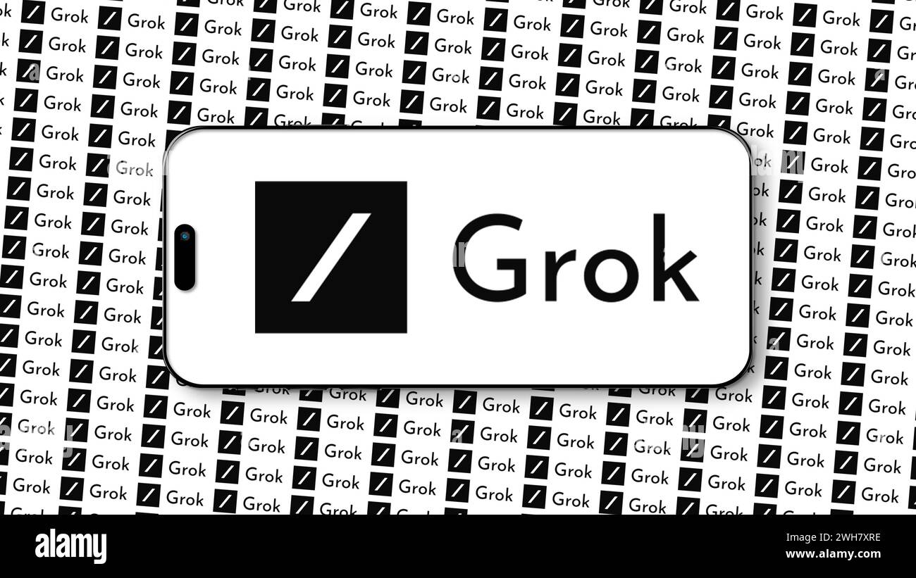 Istanbul, Türkei - 7. Februar 2024: Grok Markenlogo auf dem Smartphone-Bildschirm über einem sich wiederholenden Muster des Logo-Hintergrunds. Grok, entwickelt von Elon Musks c Stockfoto