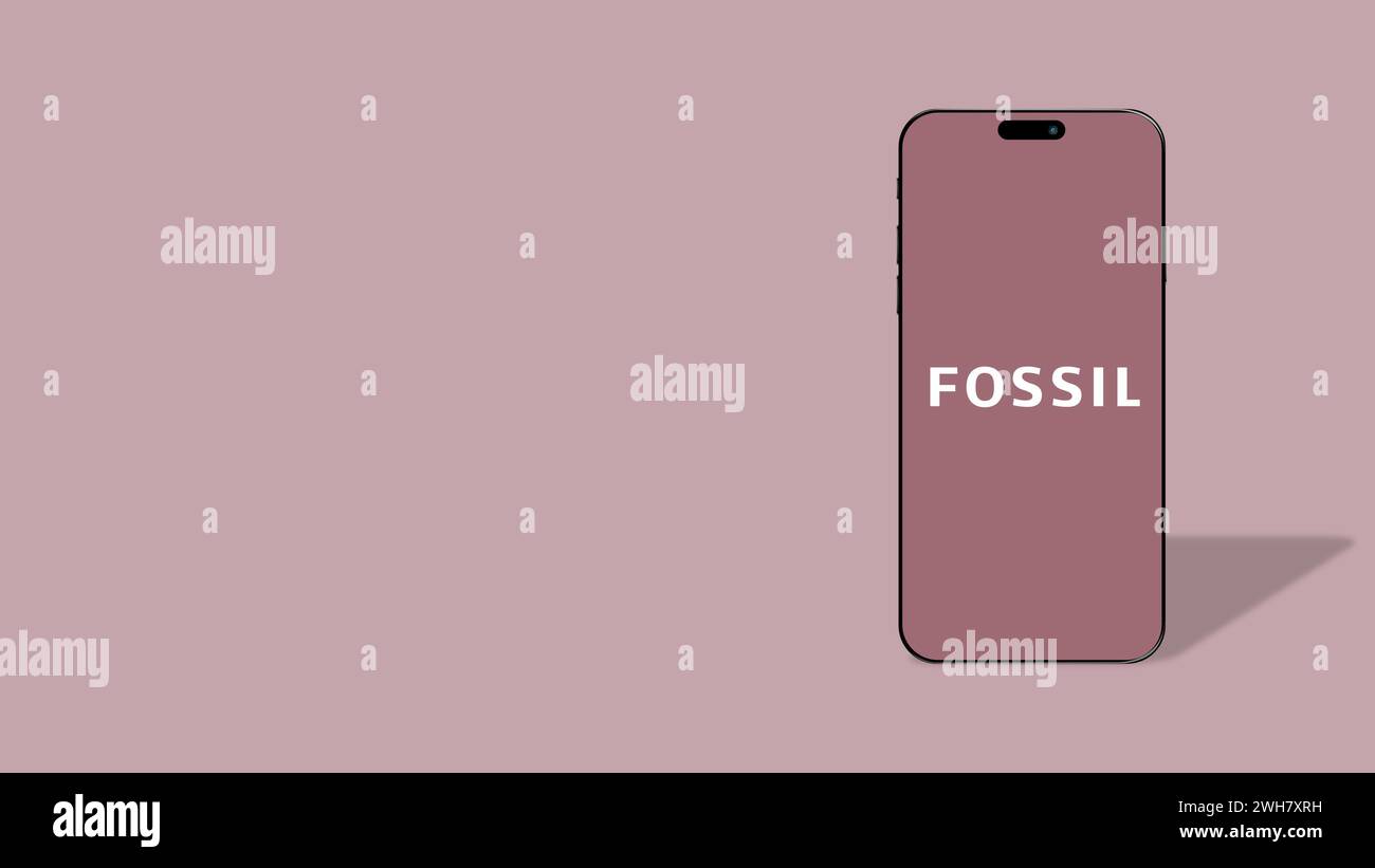 Istanbul, Türkei – 7. Februar 2024: Fossil Markenlogo auf Smartphone-Bildschirm. Fossil ist bekannt für sein Sortiment an Uhren, Accessoires und anderen Modeartikeln Stockfoto