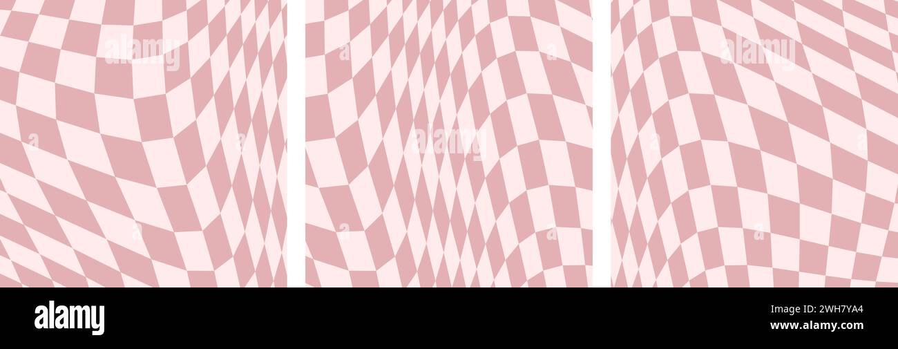Set aus quadratischem abstraktem Hintergrund mit psychedelischem Groovy-Schachbrettdesign im Hippie-Retro-Stil der 1970er Jahre. Ein gebrauchsfertiges Vektormuster, Pink c Stock Vektor