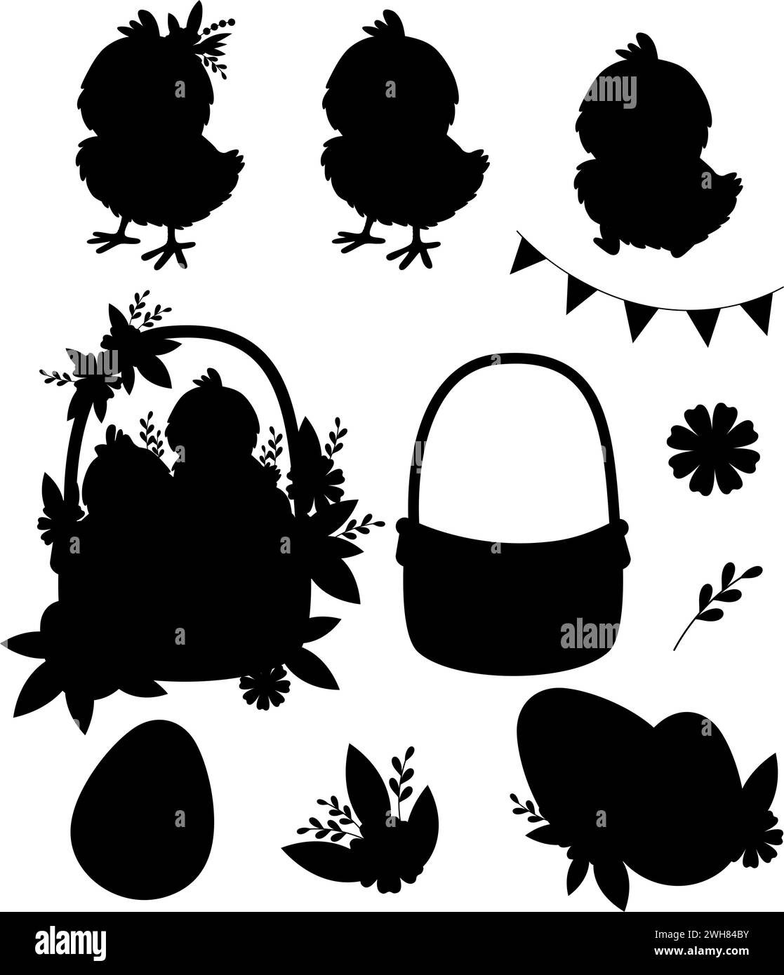 Silhouette Oster Kollektion. Kleine Hühner, Korb, Eier, Blumen und Girlande. Isolierte schwarze Zeichensymbole auf weißem Hintergrund. Vektor i Stock Vektor