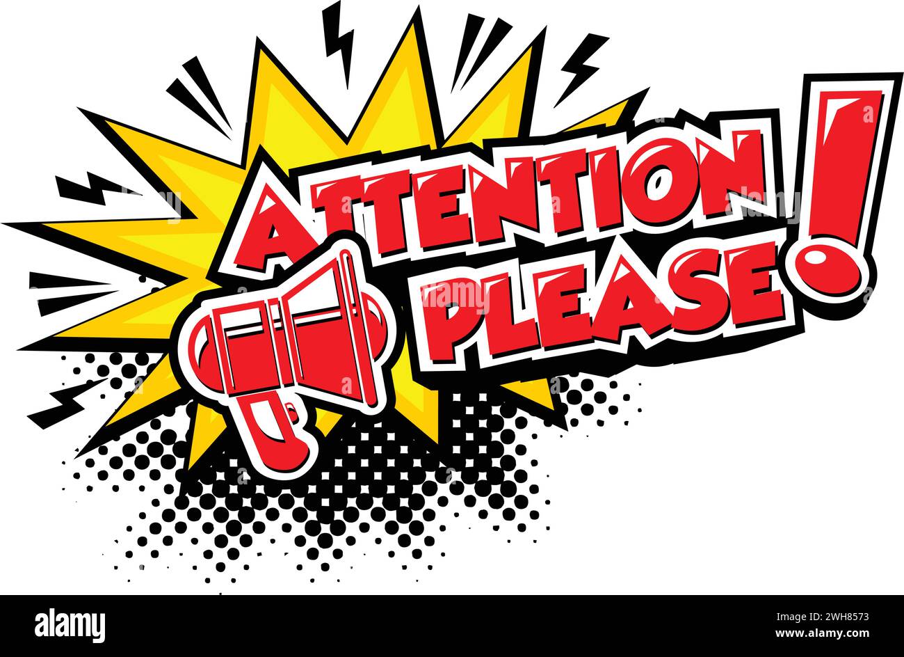 Achtung bitte, wichtige Nachricht mit Megaphon im Comic-Stil. Vektor auf transparentem Hintergrund Stock Vektor