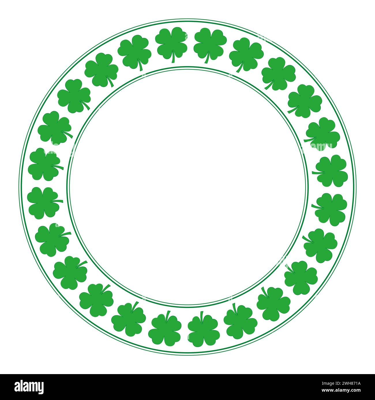 Grüner Kreisrahmen mit Kleeblatt. Dekorative Borte mit kreisförmig angeordneten vierblättrigen Kleeblättern. Sie gelten als Glück. Stockfoto