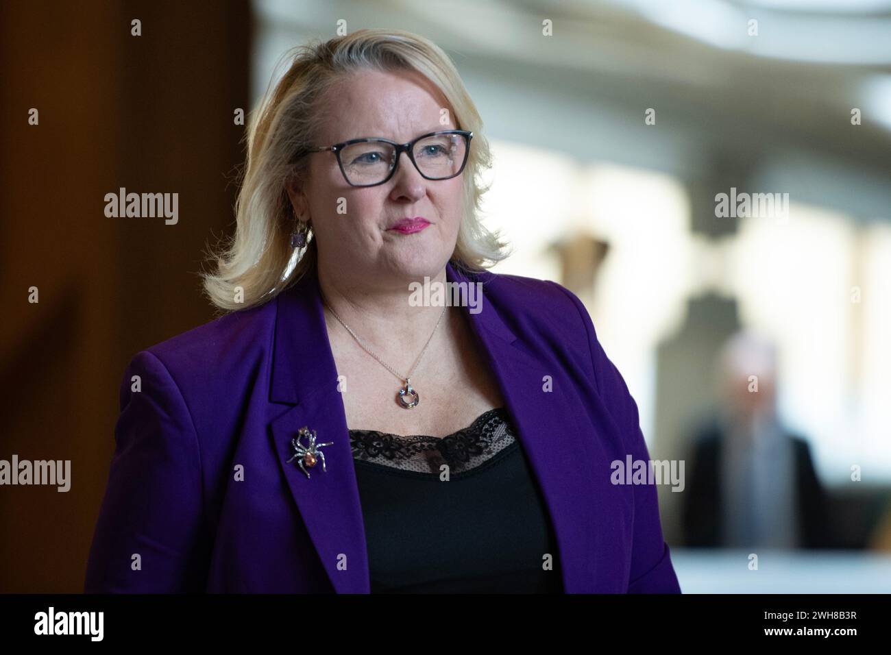 Edinburgh, Schottland, Großbritannien. Februar 2024. IM BILD: Christina McKelvie MSP, schottische Ministerin für Kultur, Europa und internationale Entwicklung. Szenen in Holyrood am Morgen, an dem Michael Matheson MSP, der jetzt ehemalige Gesundheitsminister, der heute Morgen aus der schottischen Regierung zurückgetreten ist. Credit: Colin D Fisher Credit: Colin Fisher/Alamy Live News Stockfoto