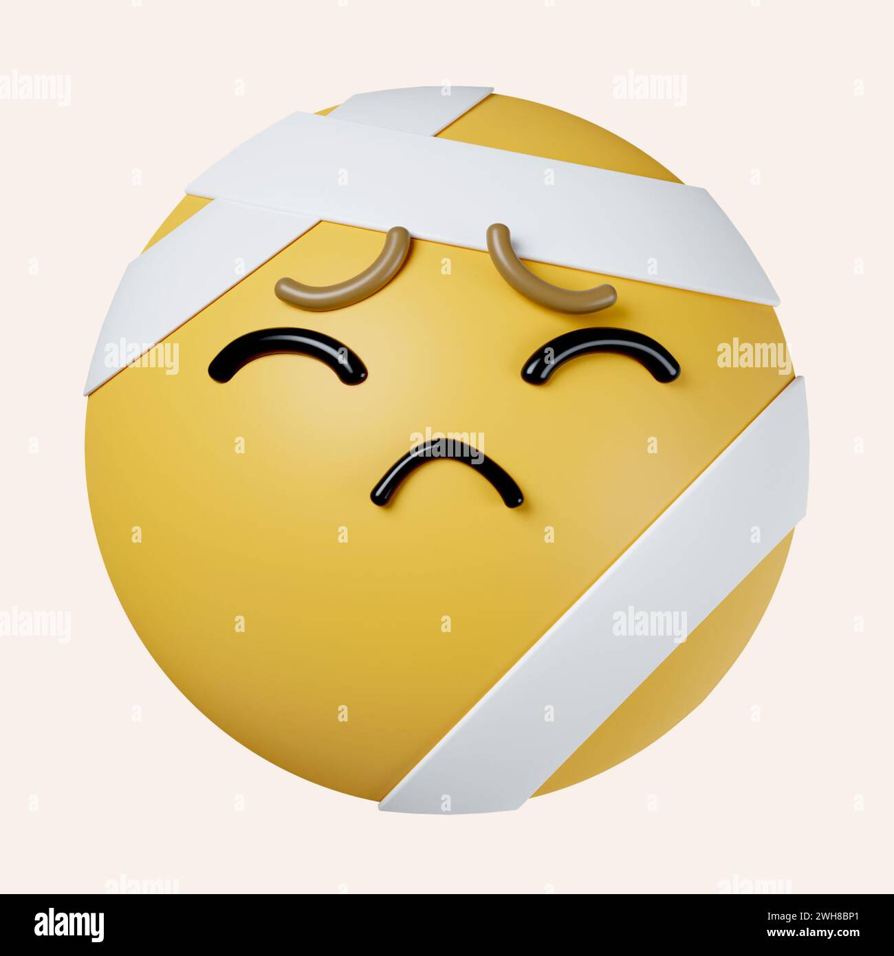 3D-Emoticon mit Verbandskopf-Emoji. Symbol isoliert auf grauem Hintergrund. 3D-Darstellung. Beschneidungspfad. Stockfoto