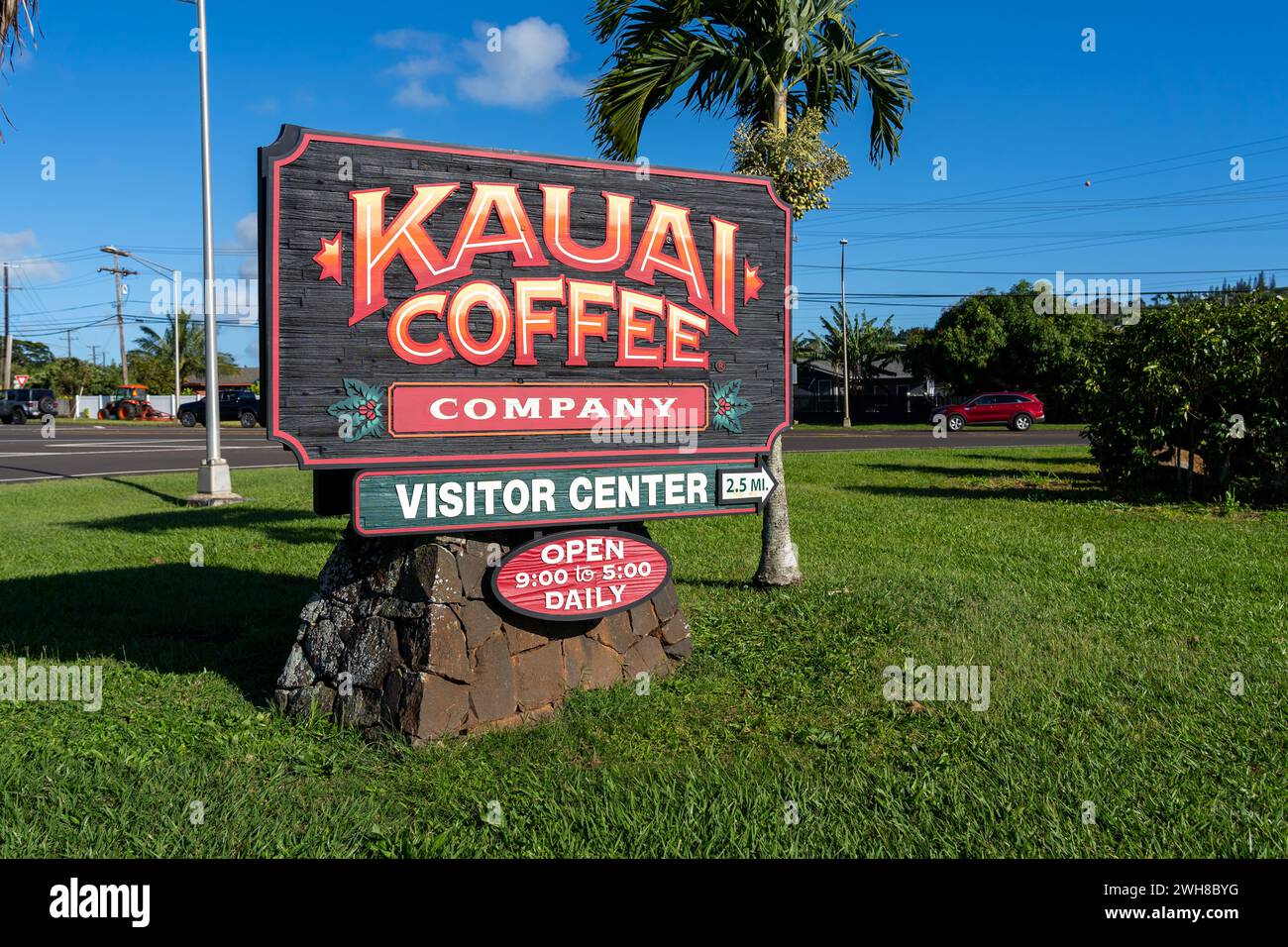 Das Schild der Kauai Coffee Company ist am 18. Januar 2024 in Kauai, Hawaii, USA, zu sehen. Stockfoto