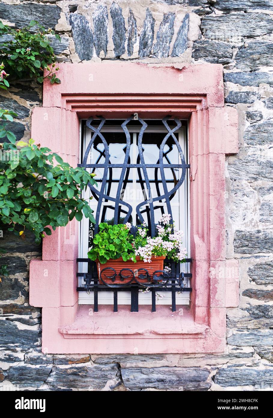 Wunderschönes klassisches europäisches Steinhausfenster mit Blumenkasten und Grün. Schönes schmiedeeisernes Sicherheitsgitter, das das Fenster abdeckt. Stockfoto