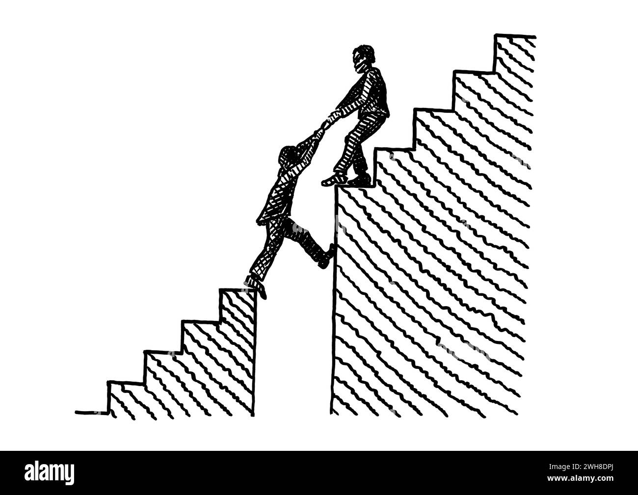Handgezeichnete Linienzeichnung eines Geschäftsmannes, der einen anderen über eine Lücke in einer Treppe zieht. Metapher für Hand, Teamwork, le Stockfoto