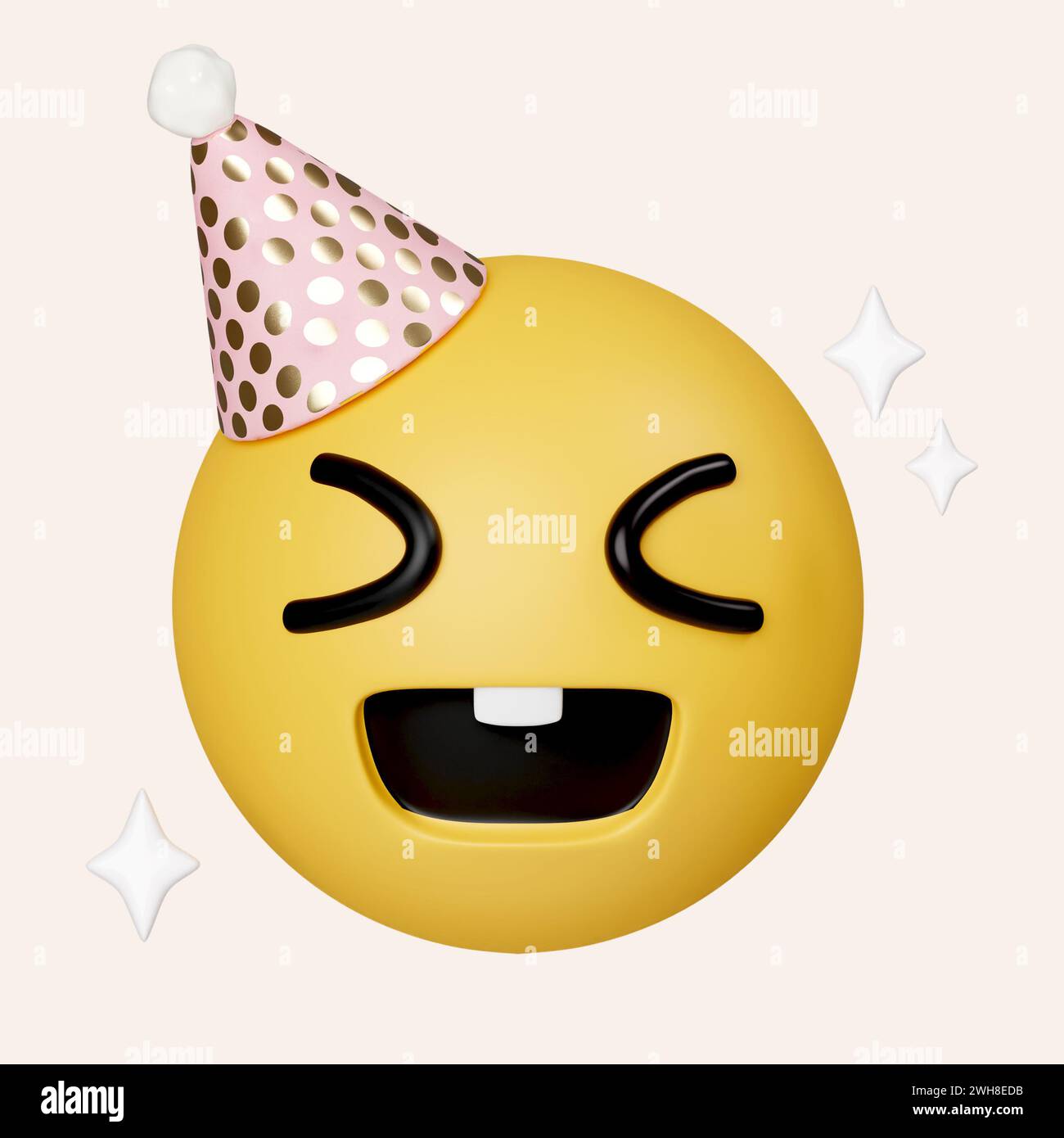 3D Party Emoji feiern Emoticon. Happy Birthday Gesicht Hut Emoji. Symbol isoliert auf grauem Hintergrund. 3D-Darstellung. Beschneidungspfad. Stockfoto