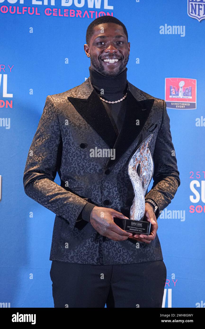 Las Vegas, Nevada, USA, 7. Februar, Dallas Cowboys Safety Markquese Bell posierte für Fotos, nachdem sie während der 25. Jährlichen Super Bowl Soulfoul Celebration im Palms Resort in Las Vegas, Nevada, eine Auszeichnung erhalten hatte. (Foto: Marty Jean-Louis/Alamy Live News Stockfoto