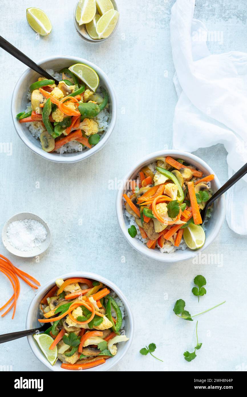 Kokos-Curry-Gemüse in einer weißen Schüssel Stockfoto