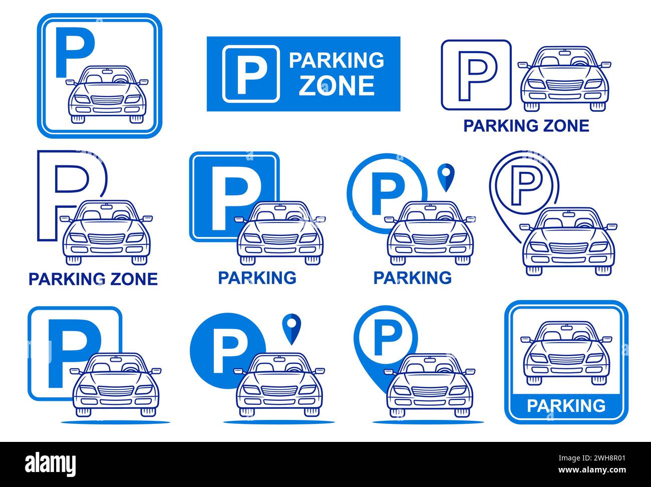 Parkzone, Parkplatz für Auto-Verkehrsmittel, Verkehrsschilder erlaubt. Straßenbahnhaltestelle für Autotransporte, Autogarage. Vektor Stock Vektor