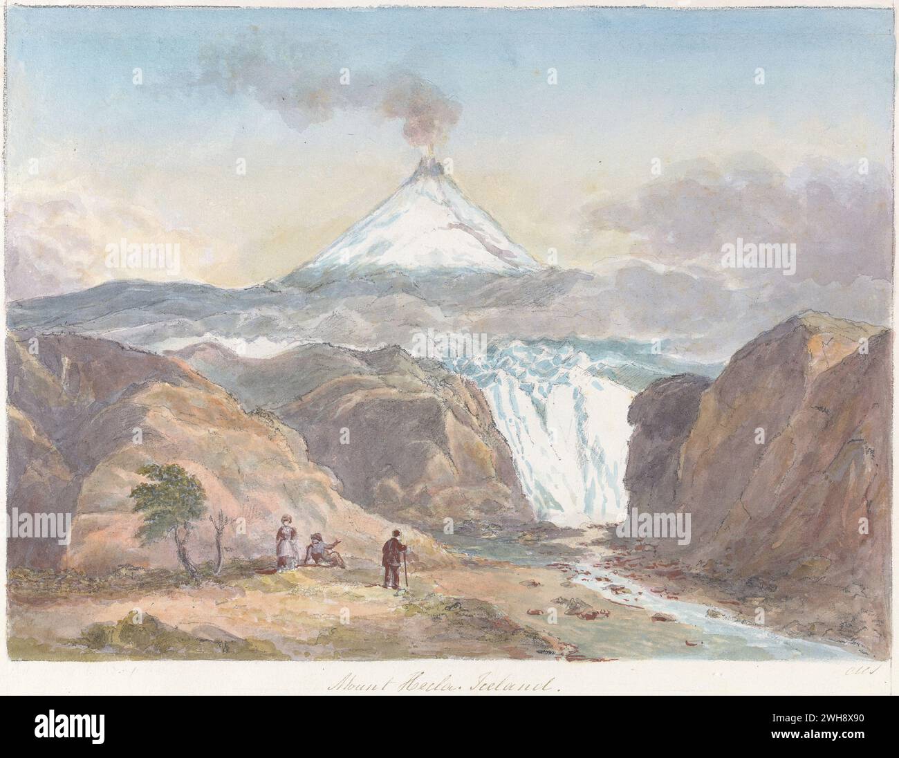 „Mount Hecla Iceland“ aus dem Buch „Views of Polar Regions“ von Charles Hamilton Smith, Belgier, undatiert, Aquarell und Graphit auf mäßig dickem, mäßig strukturiertem, cremegewebtem Papier, zeigt den rauchenden isländischen Vulkankegel, der zu einem Wasserfall endet Stockfoto