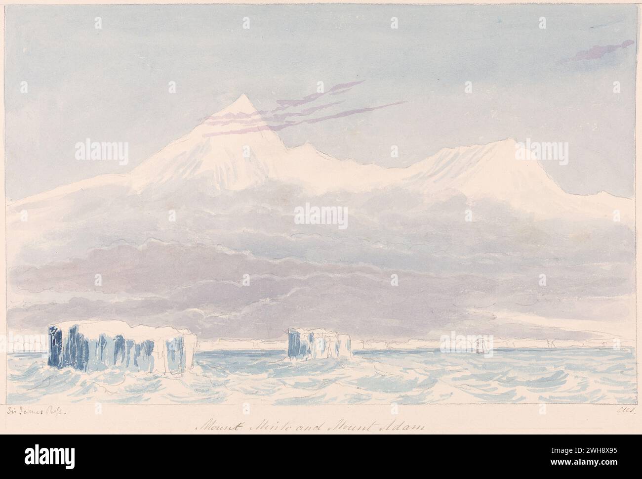 „Mount Minto and Mount Adam“ aus dem Buch „Views of Polar Regions“ von Charles Hamilton Smith, Belgier, undatiert, Aquarell und Graphit auf mitteldickem, mäßig strukturiertem, cremegewebtem Papier, Schneebedeckte Berge von Yukon an einem eisigen Meer Stockfoto